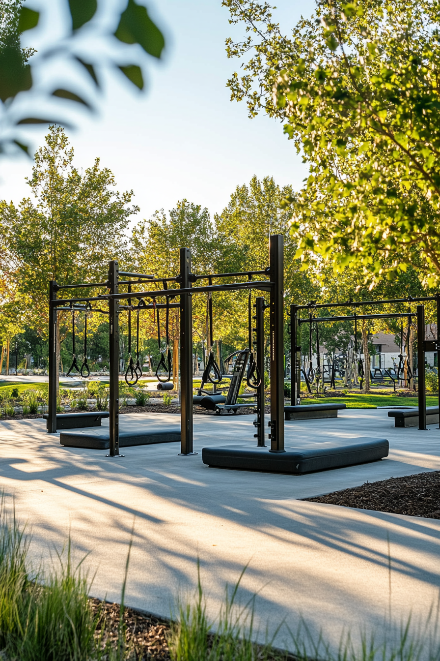 Fitness community space. Outdoor gym with resistance machines and concrete paths.