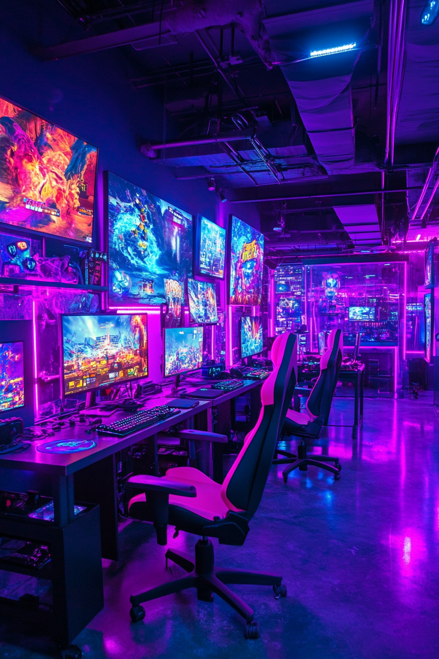 Social gaming space. Neon-lit tournament setup with multiple gaming consoles.