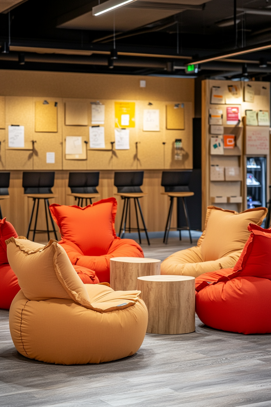 Event support space. Inflatable chairs arranged around charging pods, with public corkboards stacked above.