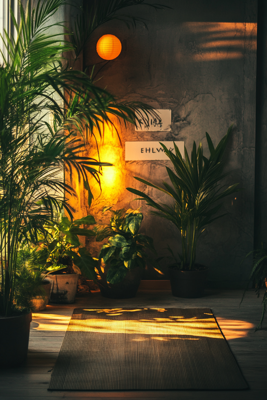 Wellness escape space. Bamboo yoga mat, indoor plants, silence signage.