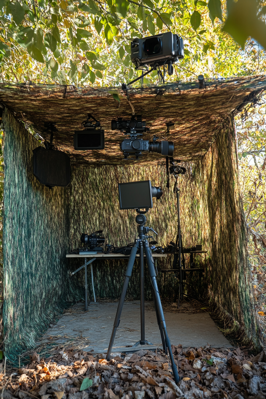 Nature Observation Space. Camouflaged blind setup with overhead camera mounts.