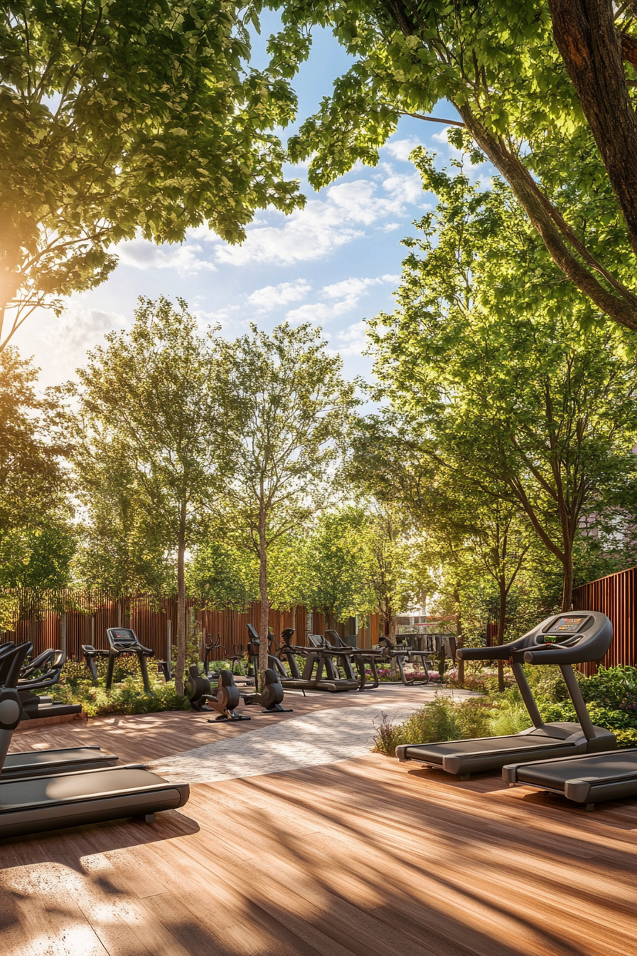 Fitness Community Space. Outdoor gym with high tech elliptical machines.