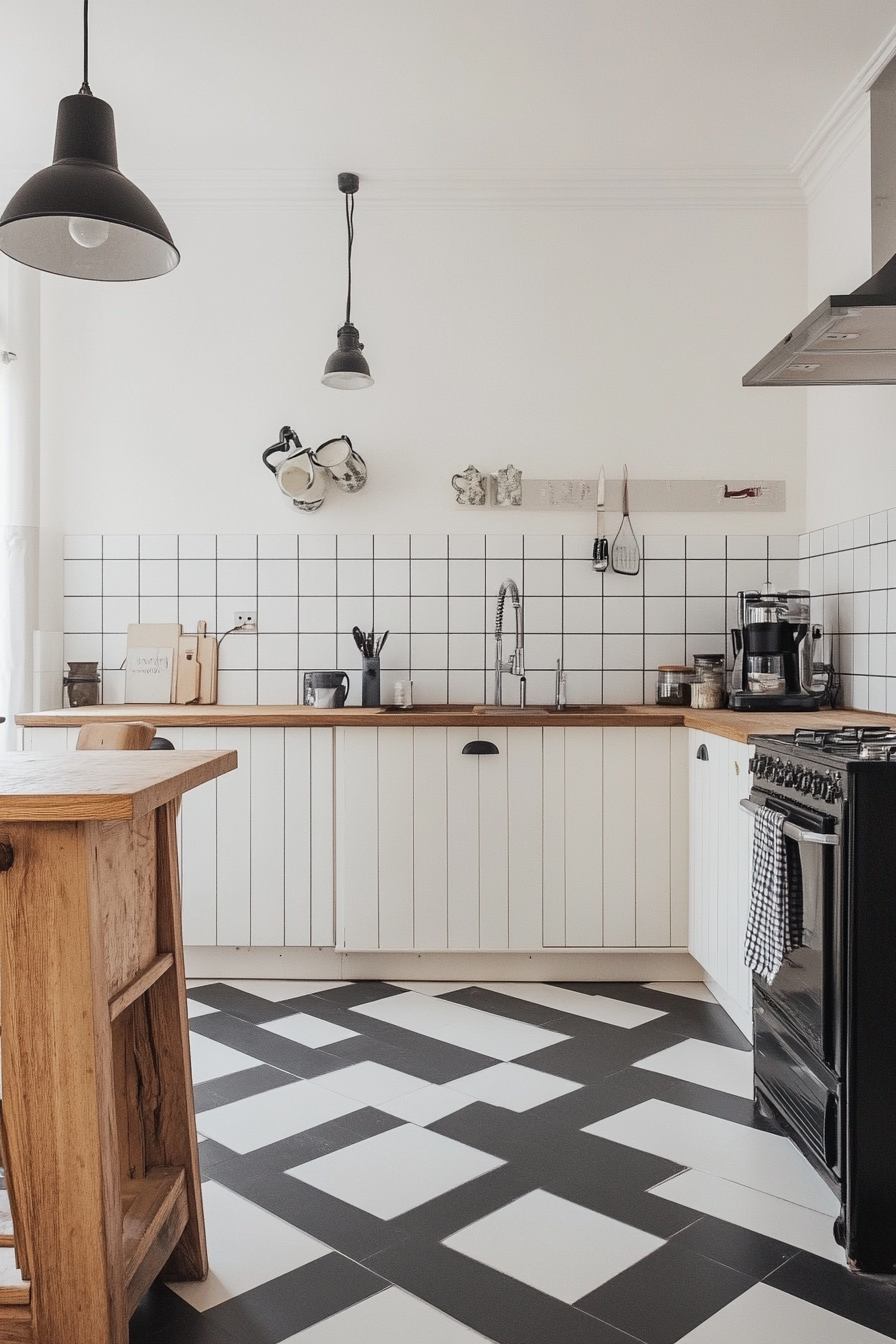 Community Living Space. Minimalist kitchen with checkered floor tiles.