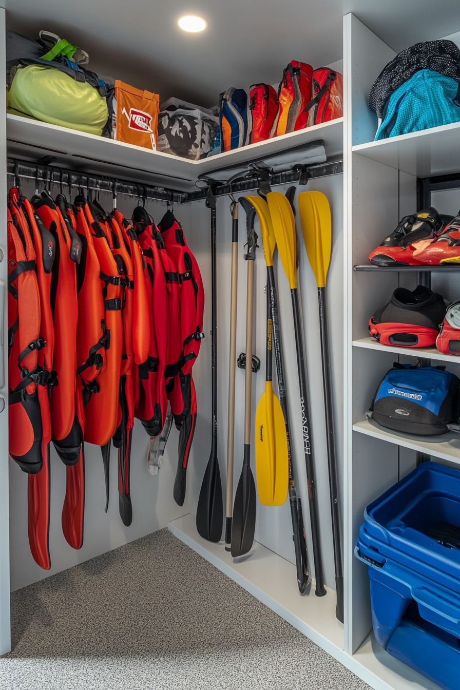 Water adventure space. L-shaped storage locker with hanging wetsuits and kayak paddles.