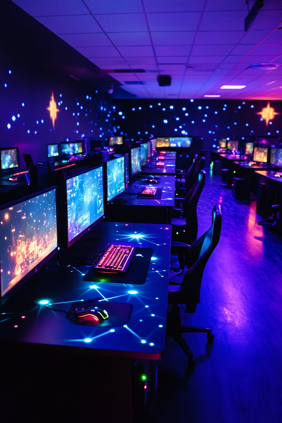 Social Gaming Space. Tournament setup areas with glowing LED lights.