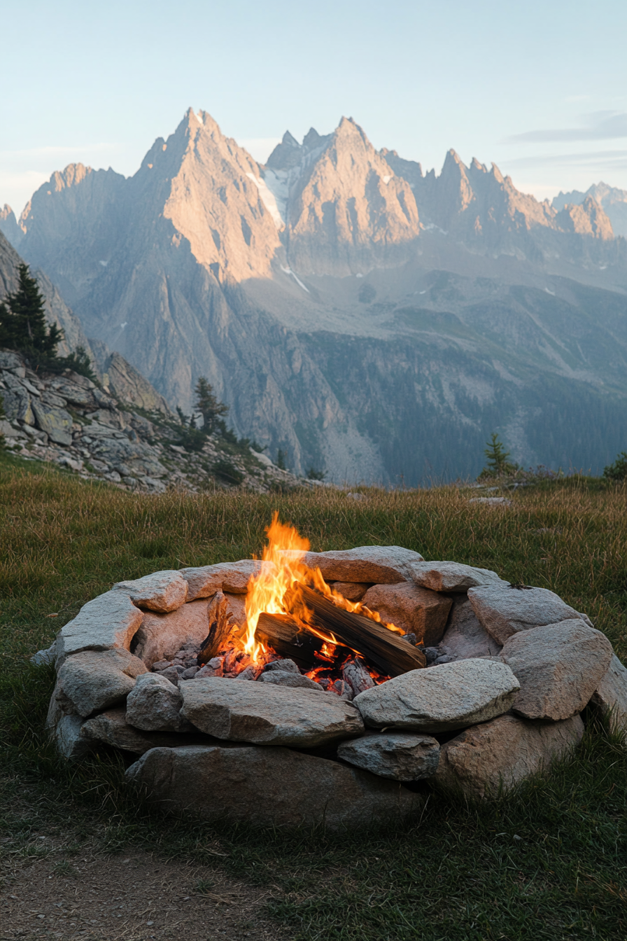 High alpine site. Wind-shielded stone fire pit on a grassy knoll with mountains backdrop.