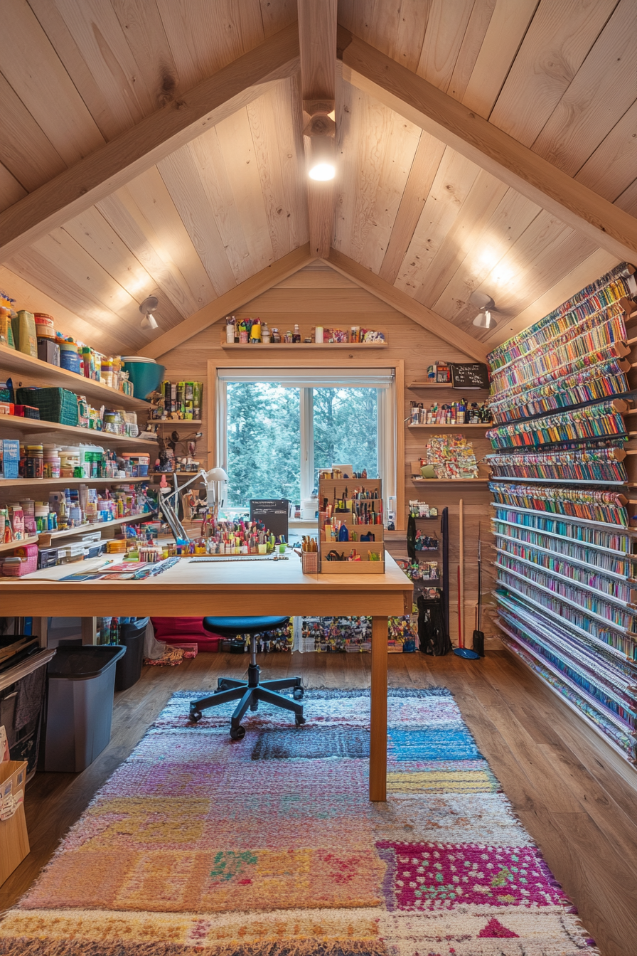 Creative craft space. Vibrant loom storage, oak workshop table, mounted material library.