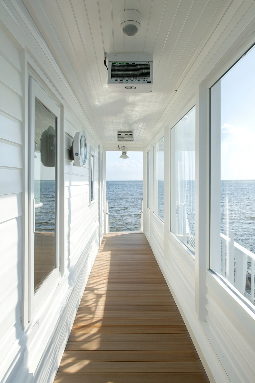 Coastal Analysis Space. White walls, paneled wood flooring, ceiling-mounted weather monitor, glass-wall viewing deck.