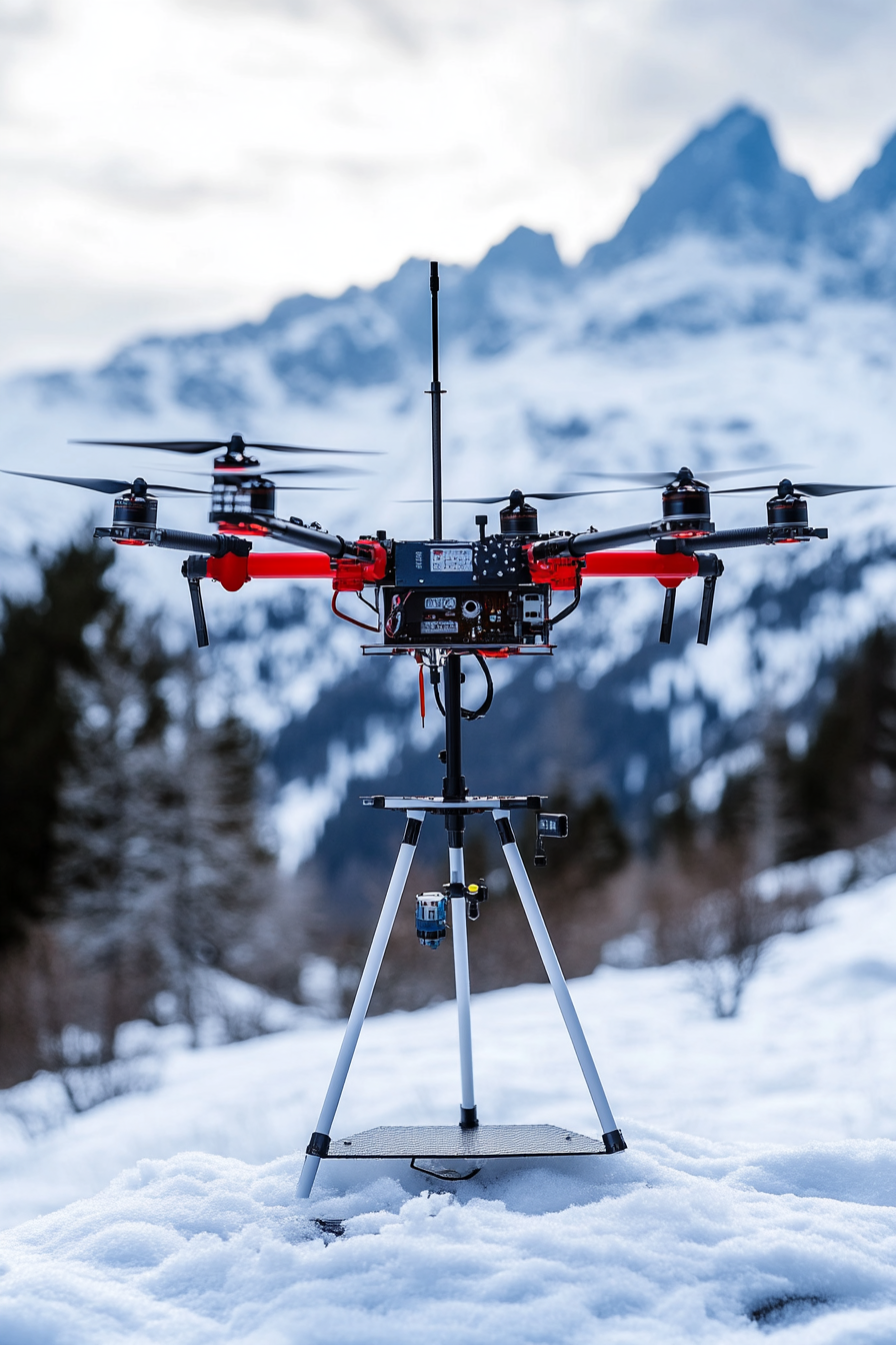 Alpine mobile space. Compact drone station adorned with calibrated anemometers and hygrometers.