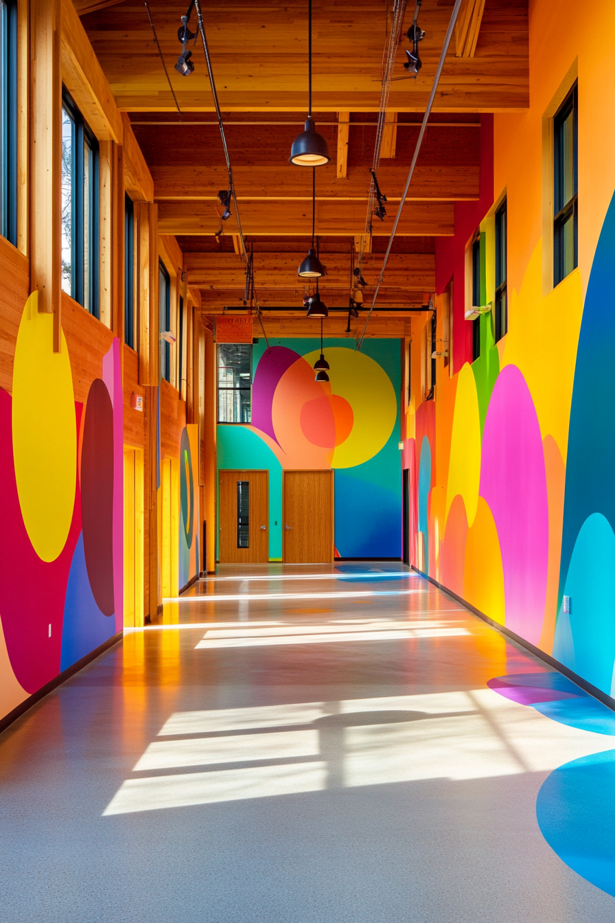 Community Learning Space. Bright murals background in an art center.