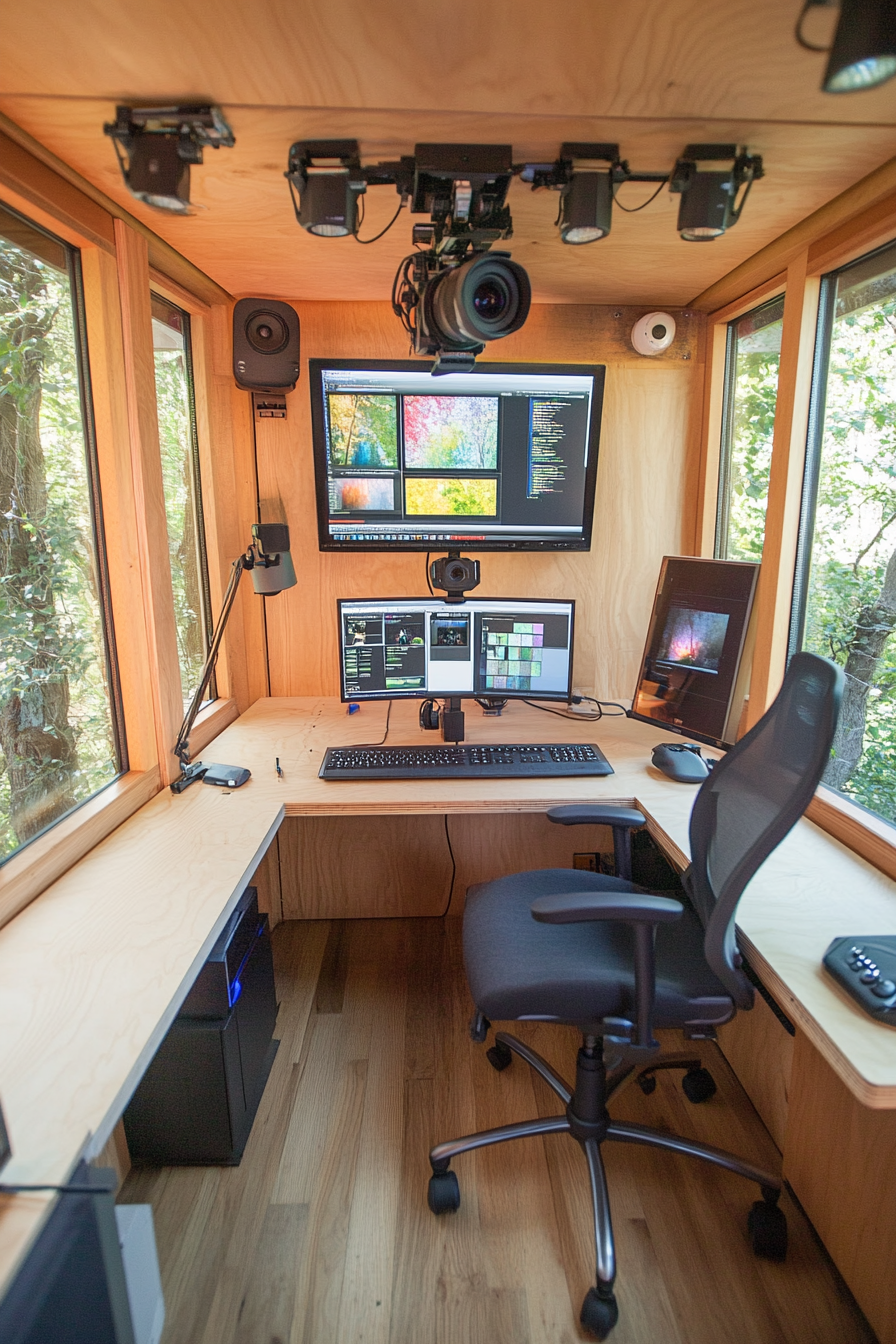 Nature observation space. Walk-in editing station with overhead bird's-eye view camera mount.