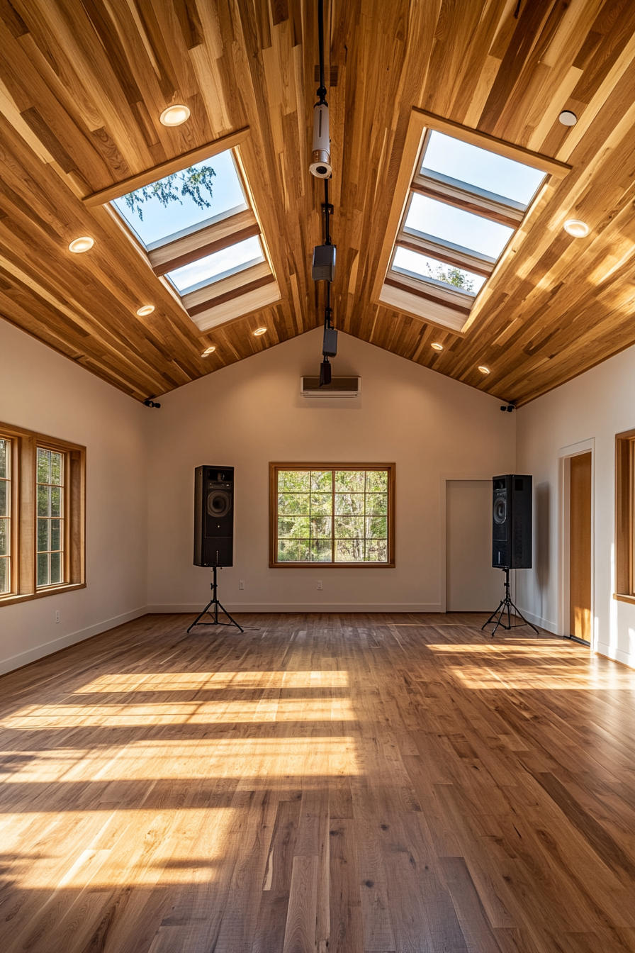 Community space. High ceiling studio pod with skylights.
