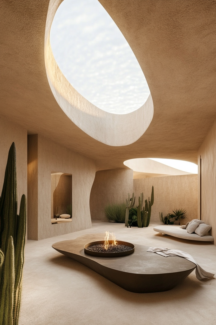 Palm Grove Space. Sand-colored courtyard, glazed brazier, dune panorama, desert aloe nearby.