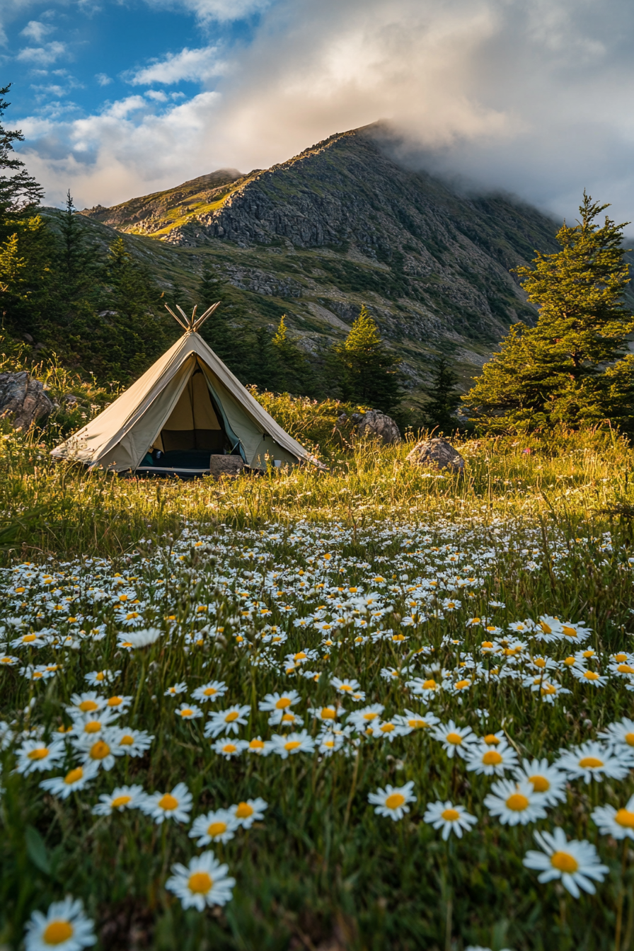 Highland campsite. Peak-view shelter, daisy-filled, wind-protected tenting area.