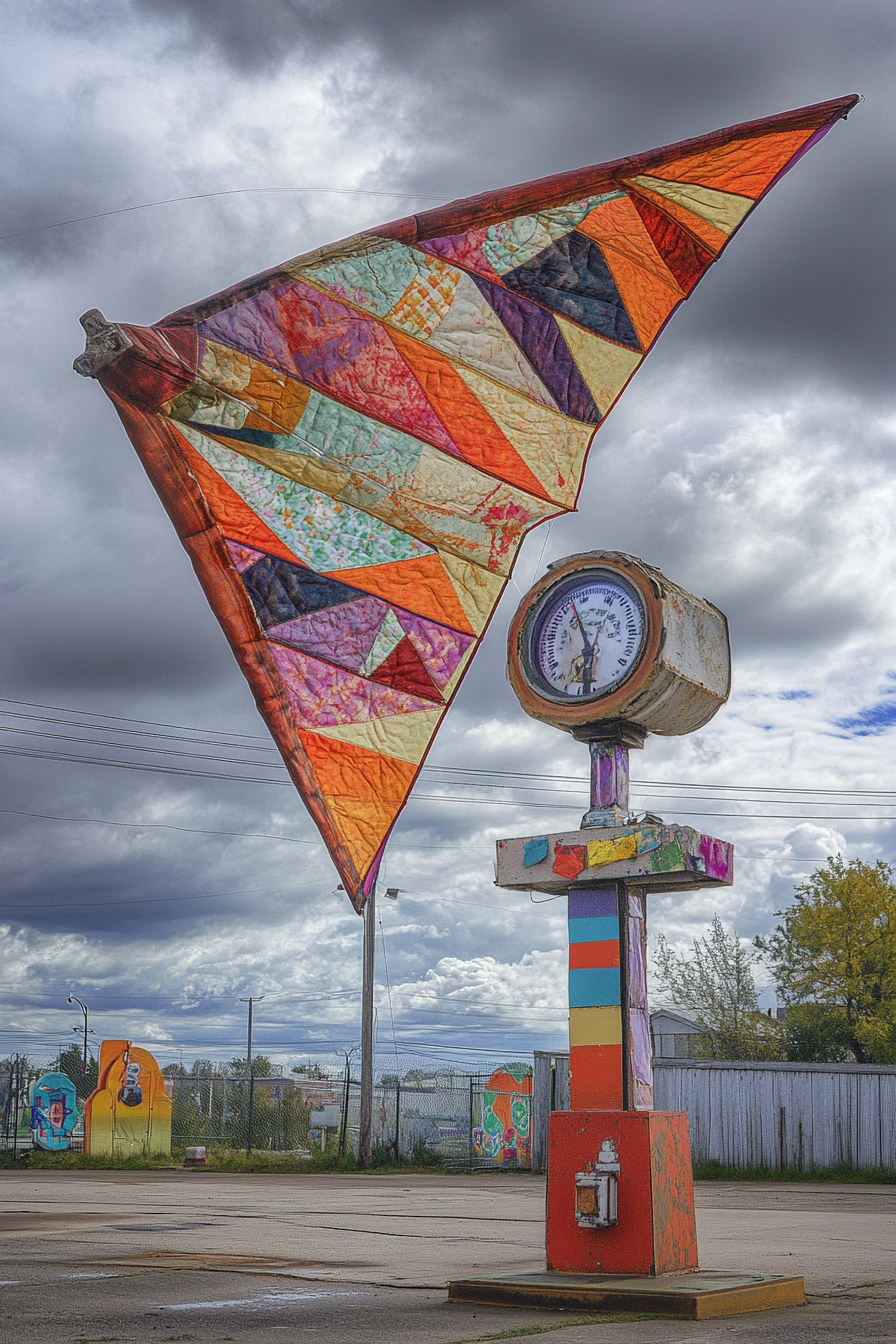 Adventure Launch Space. Striped kite with patchwork repairs in front of a weather station.