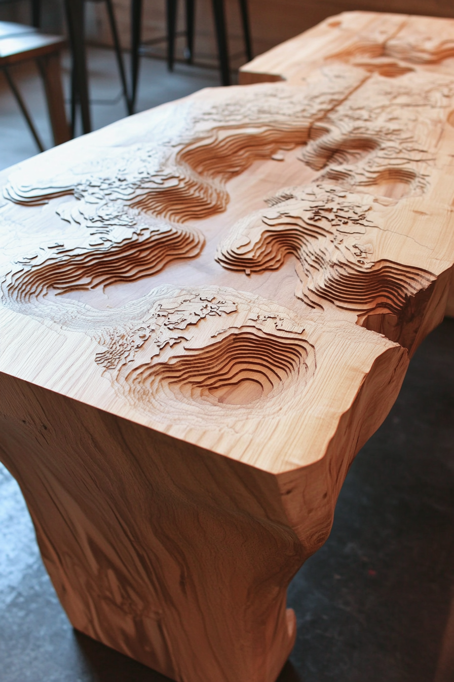 Mountain community space. Rustic oakwood tables with detailed topographic maps.