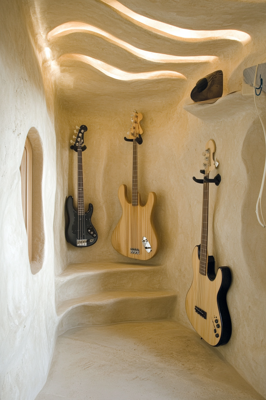 Mobile Studio Space. Sand-colored wall with surfboard-shaped guitar holders.
