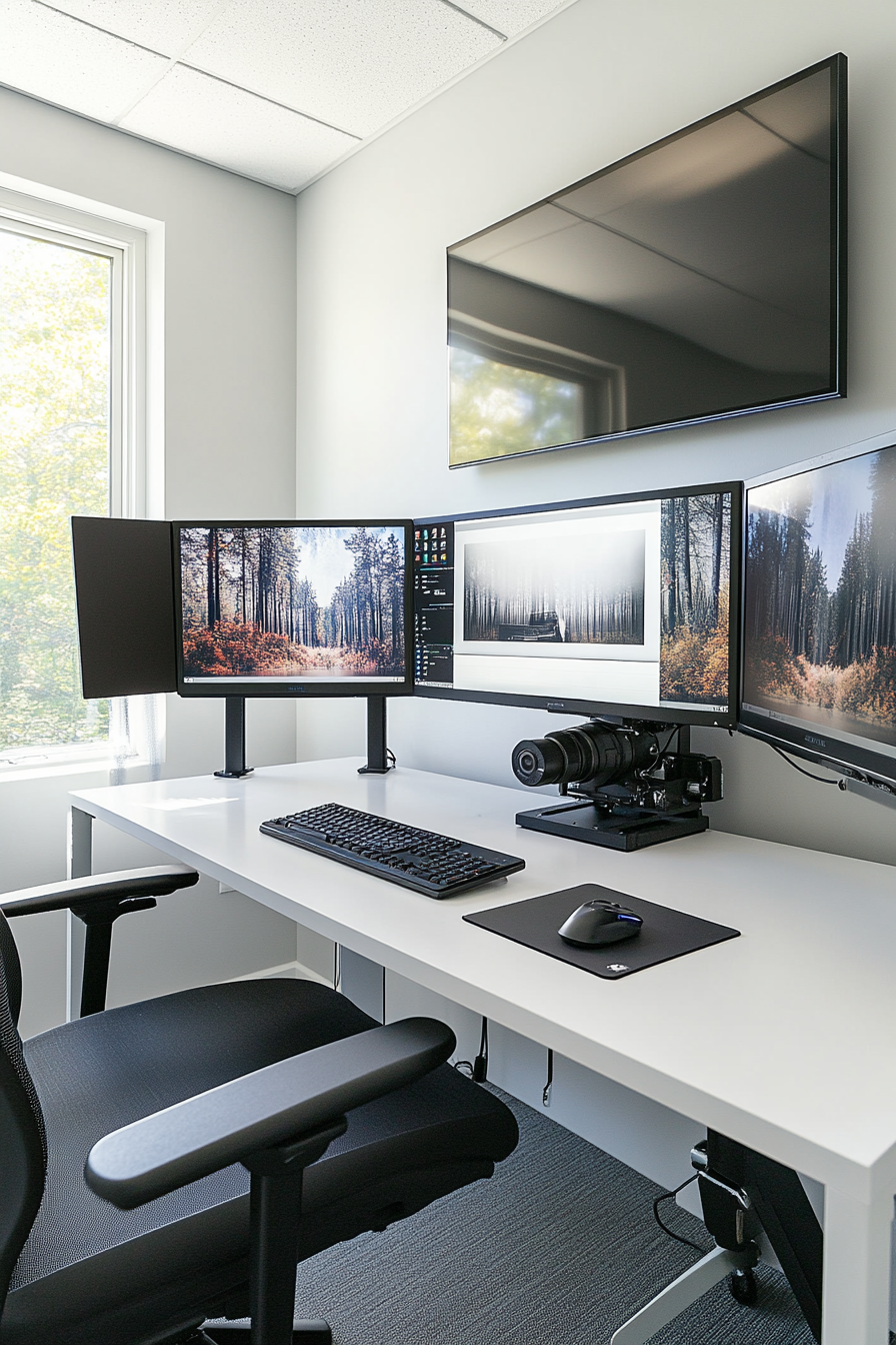 Creative learning space. White desk with sleek monitors and shaded photographic enlarger.