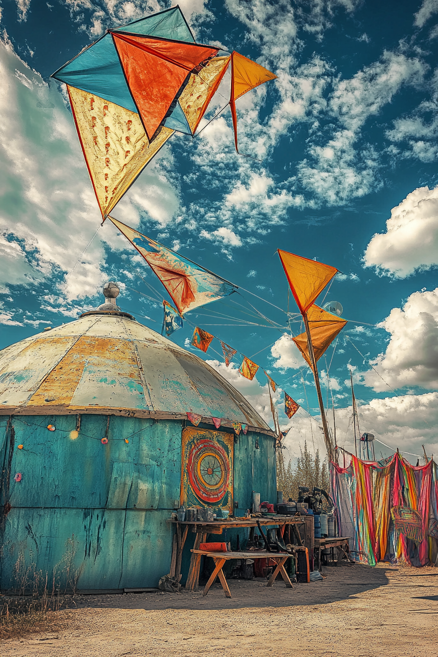 Launch Space Adventure. A vivid kite repair workshop under steel blue weather station dome.
