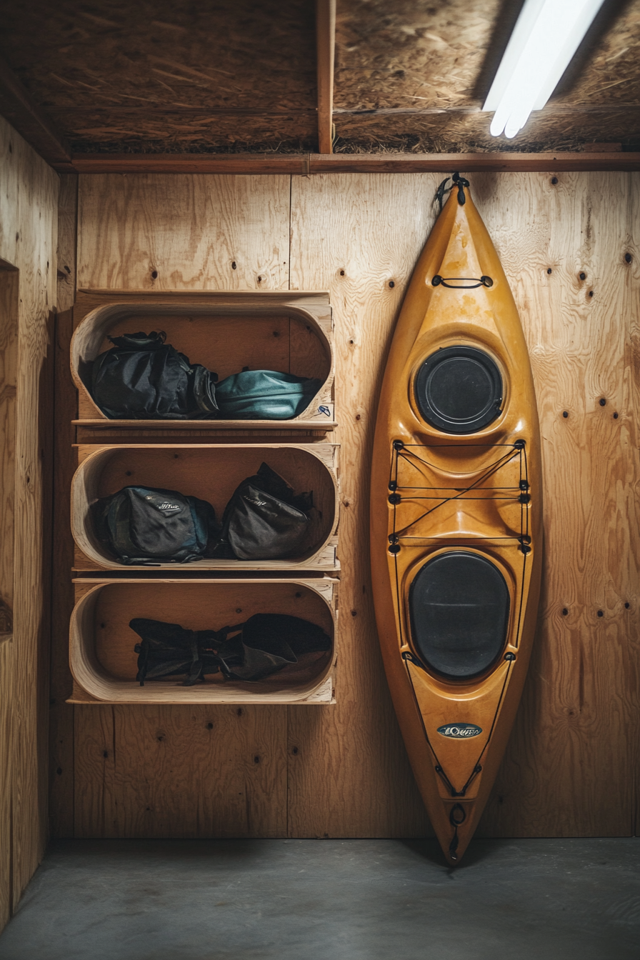 Water Adventure Space. Kayak mounted on wooden gear storage wall.