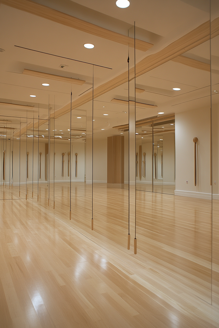 Movement practice space. Ceiling-hung Ballet barre, sprung floor, mirrored wall, discreet sound system.