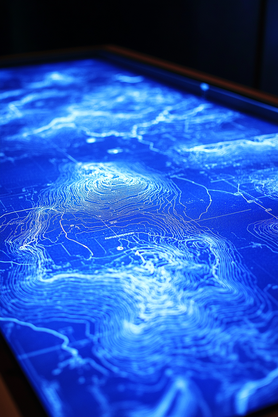 Coastal Analysis Space. Blueprints of accurate topographical maps on a large touch screen panel.