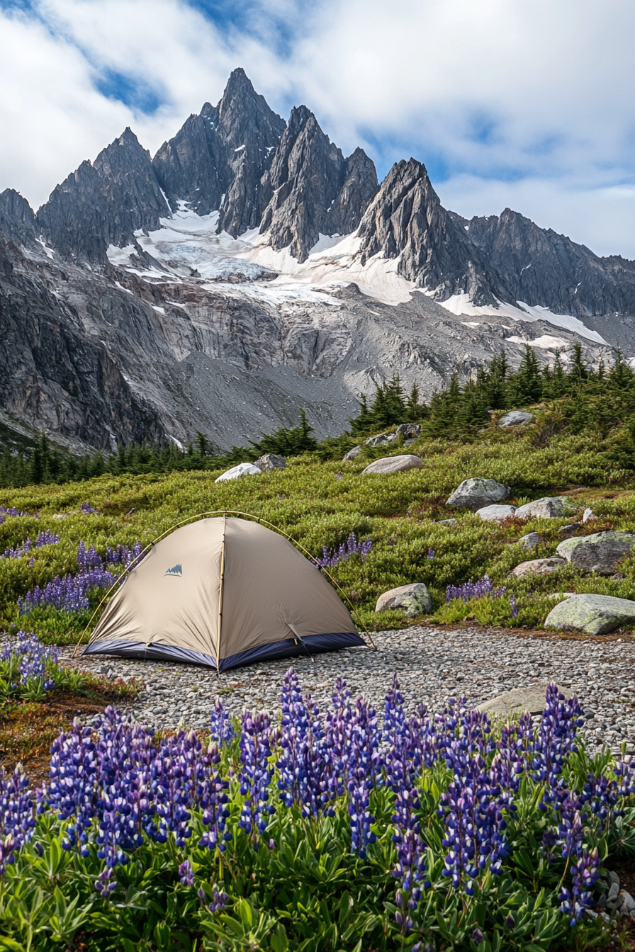 Highland Campsite. Grass patch with periwinkle lupines, sturdy tent on flat gravel, jagged peak background.