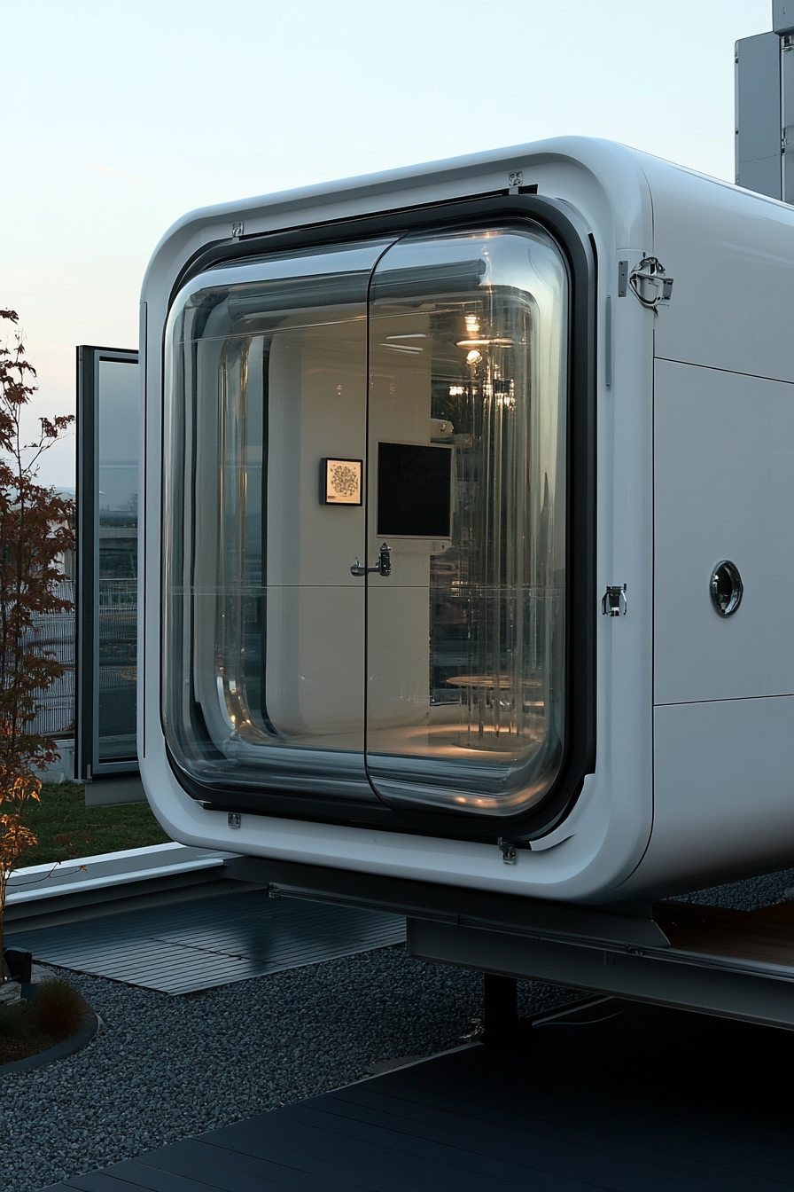 Scientific Mobile Space. Glass specimen tanks near programmable outdoor observational deck.