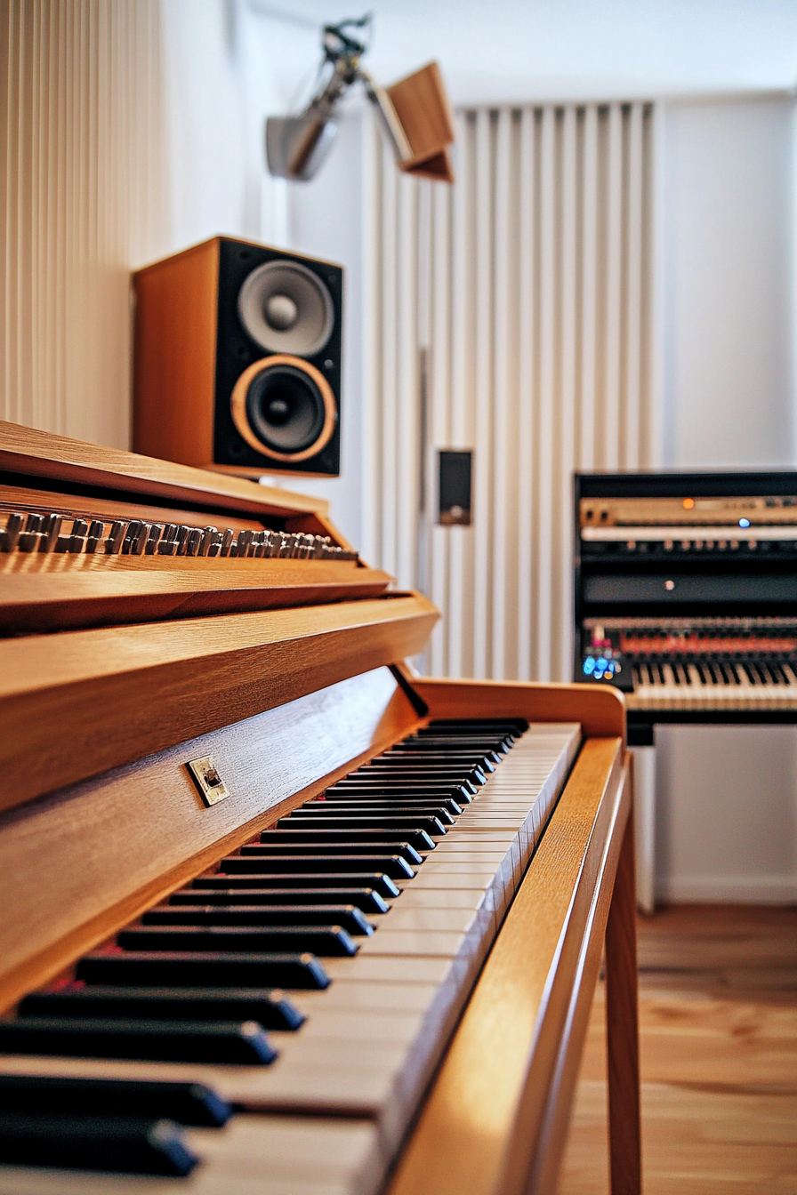 Mobile Studio Space. Wooden pianos against white-interior recording booth.