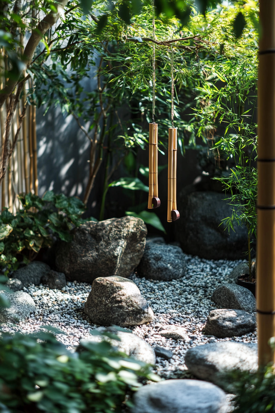 Wellness escape space. Rock garden with shady elm trees and bamboo whisper chime.