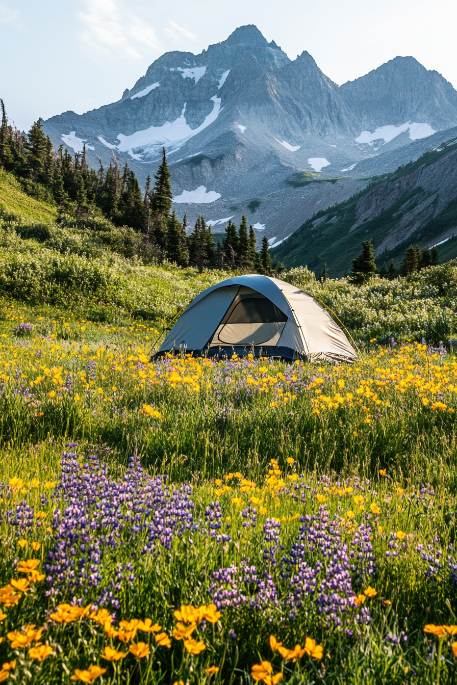 Highland Site. Wildflowers, guarded tent space, scenic mountain peaks view.