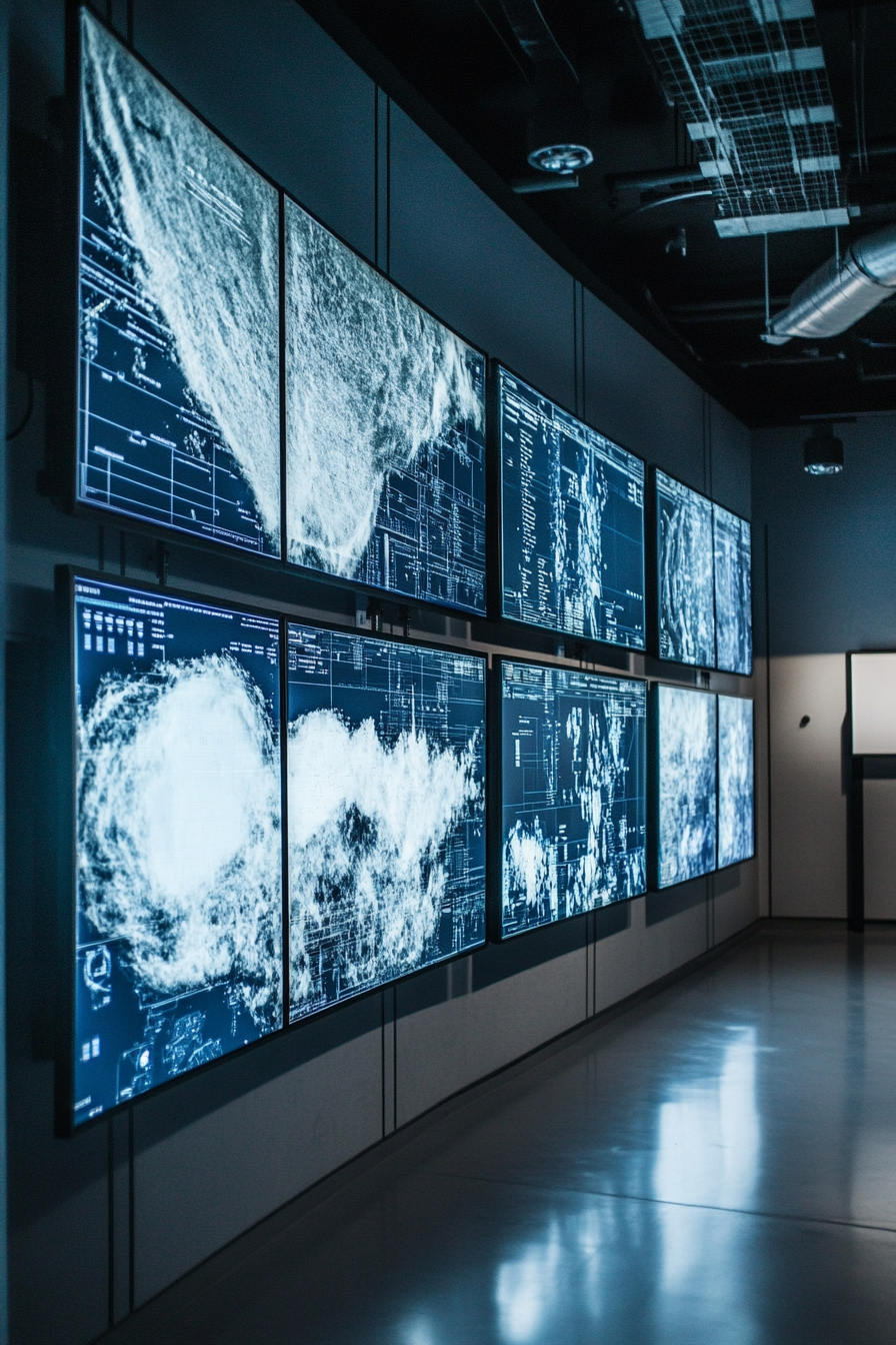 Coastal analysis space. High-definition screens displaying satellite weather data on monochrome walls.