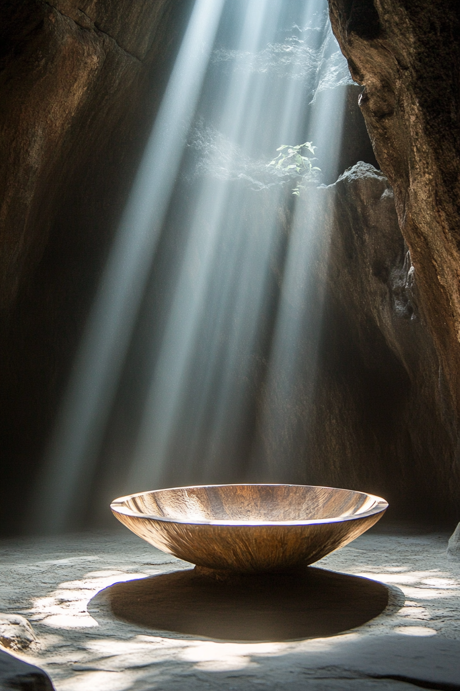Mountain Wellness Space. Calming meditative cave illuminated by softly diffusing sunlight.