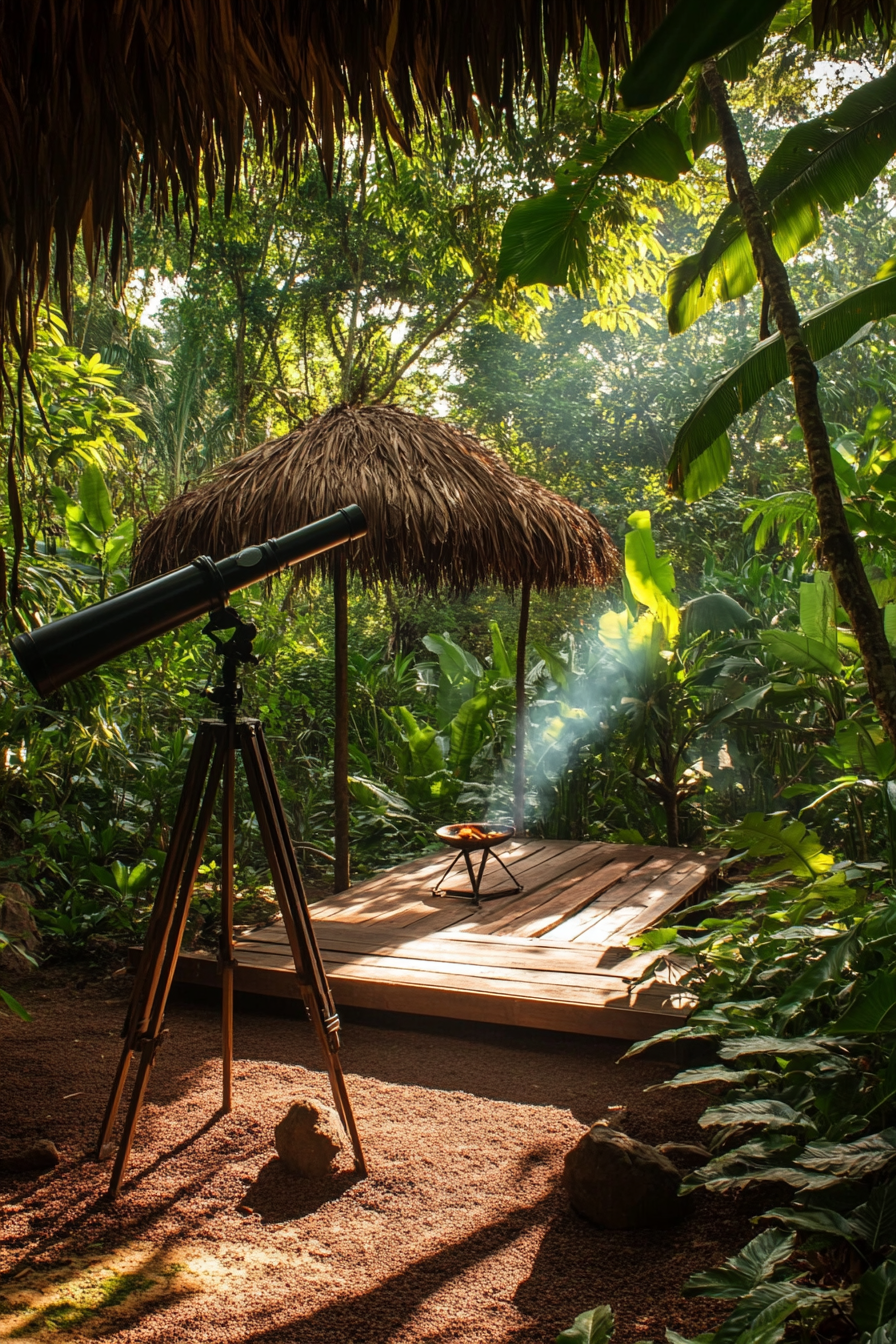 Jungle clearing. Mahogany anchored platform, covered fire pit, telescope pointed towards toucan perch.