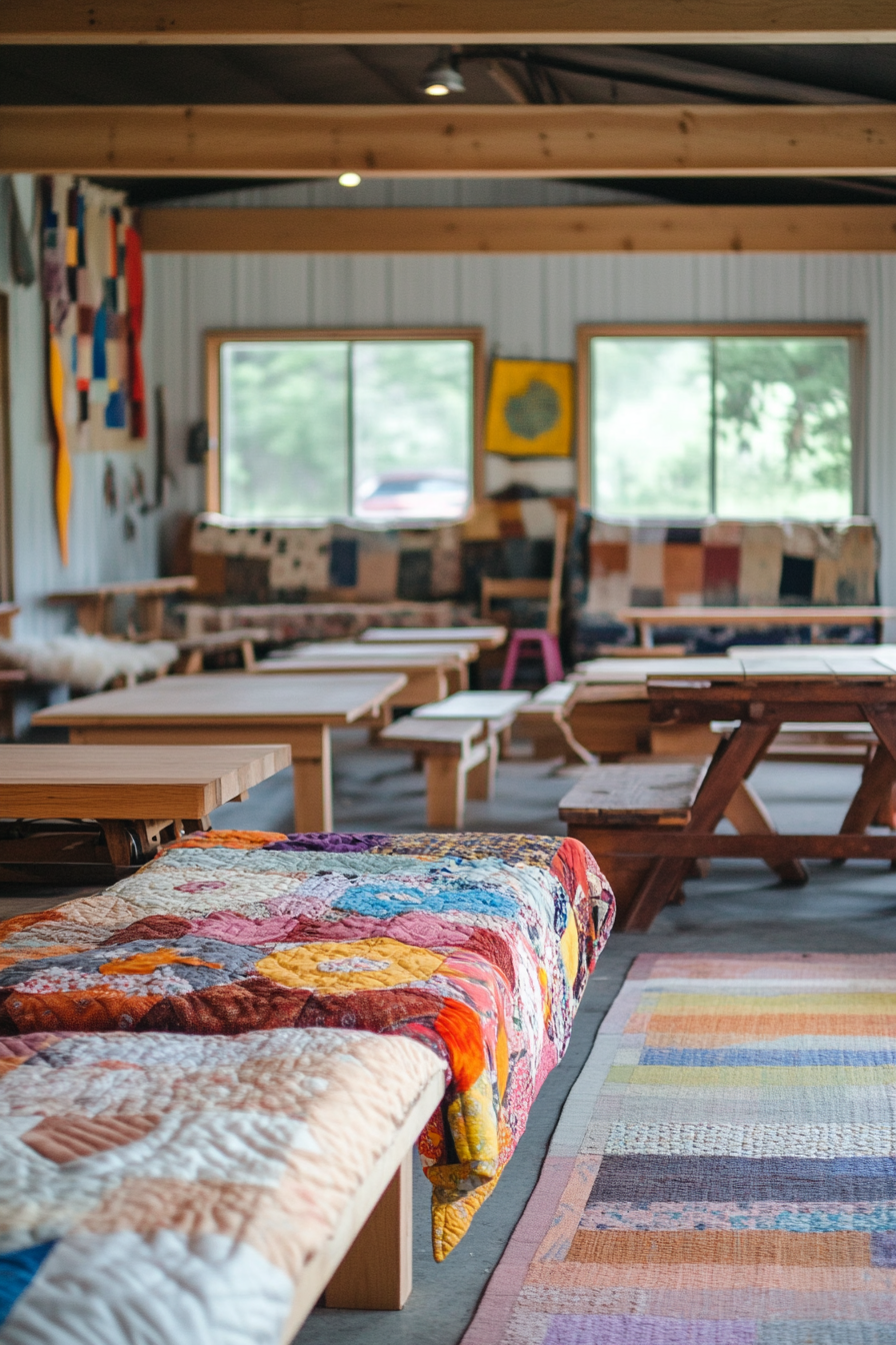 Community space. Workshop area with quilt-covered seating and oak woodworking benches.