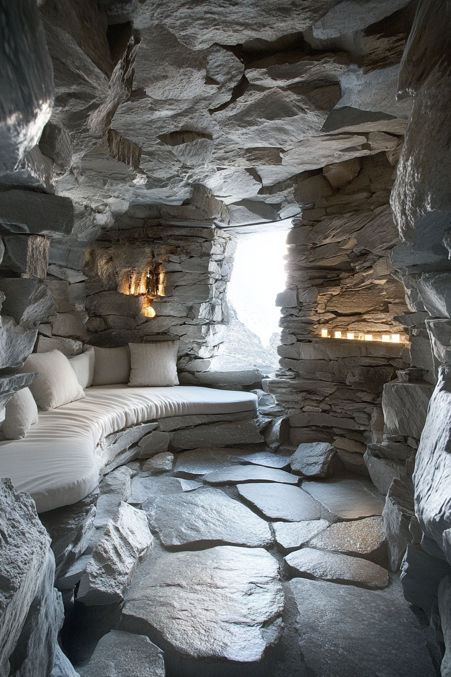 Mountain wellness space. Stone-walled meditation cave with soft daylight filtering in.