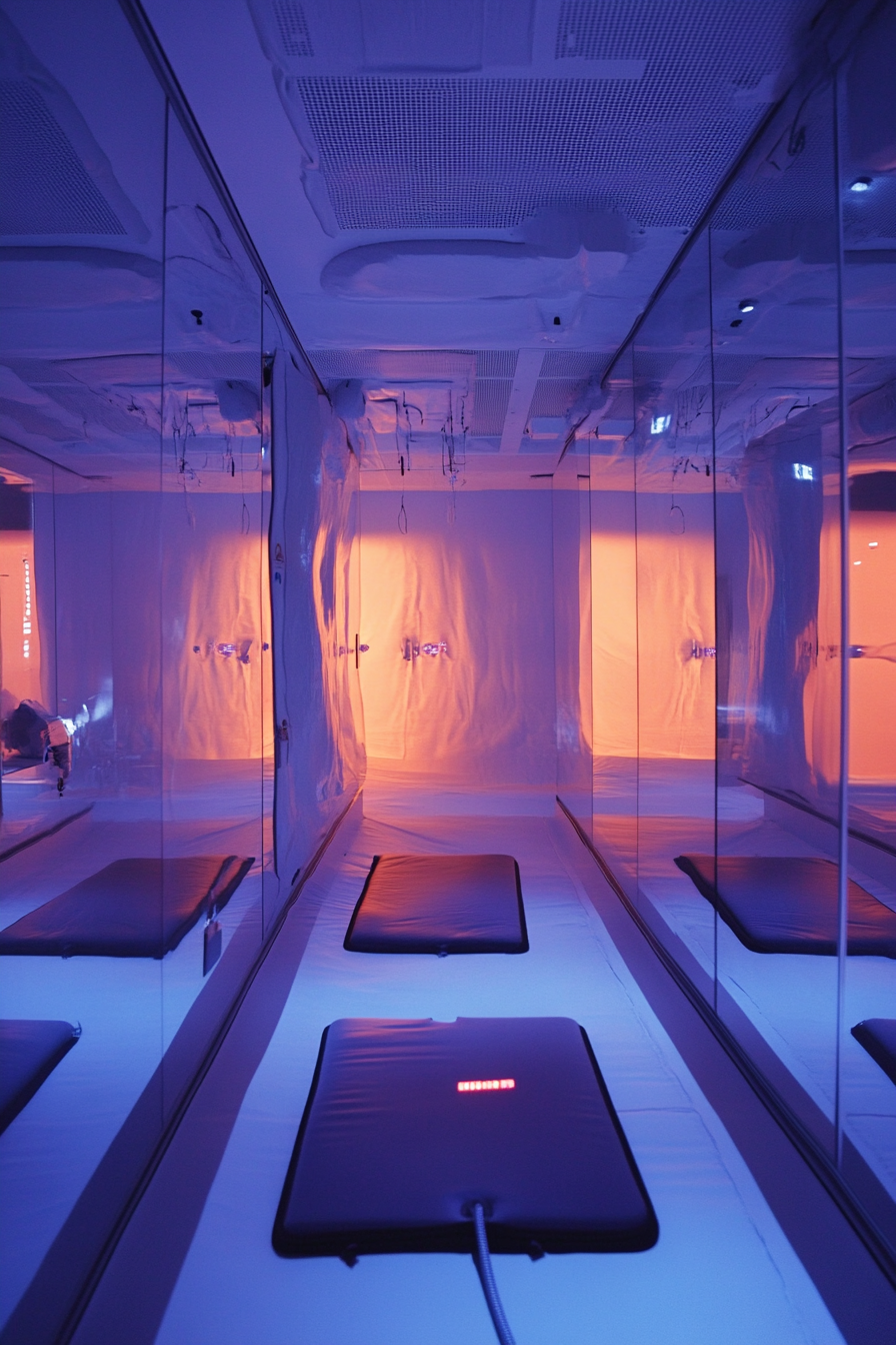 Performance Space. Mirror wall, oxygen monitors, recovery mats, altitude simulator.