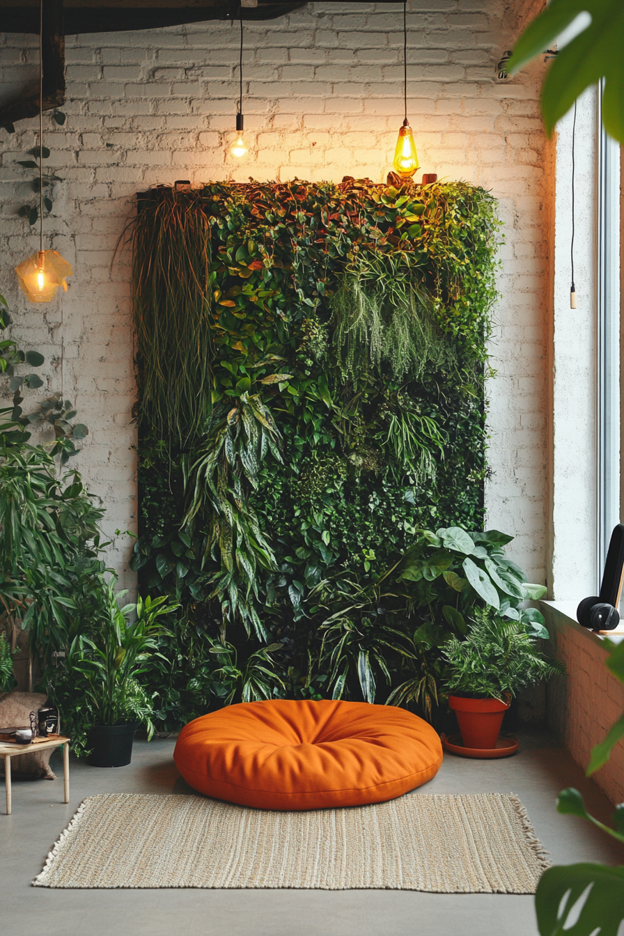 Wellness escape space. Indoor plant wall, mediation cushion, and noise-cancelling headphones.