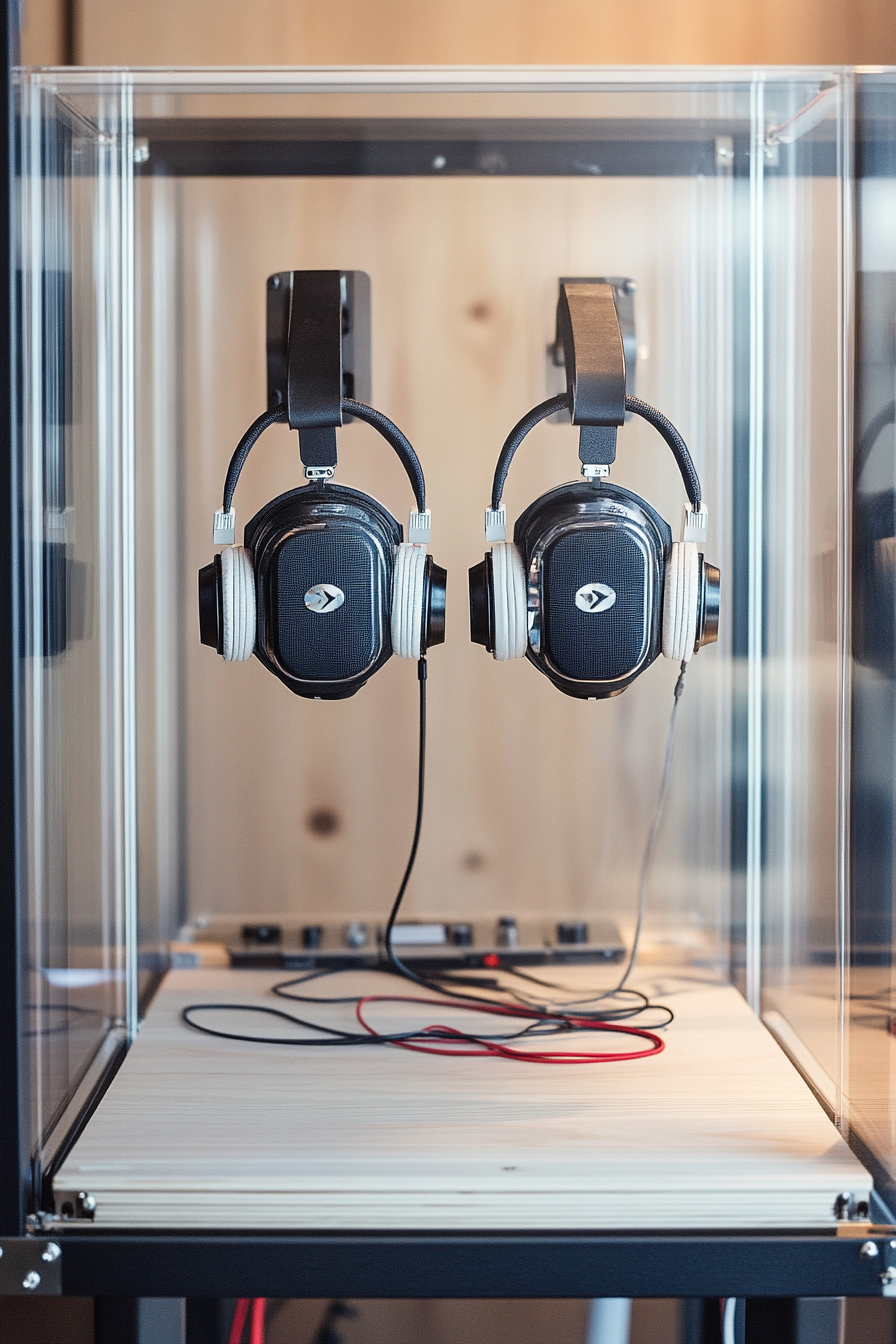Creative mobile space. Glass-walled editing bay with vintage corded headphones.