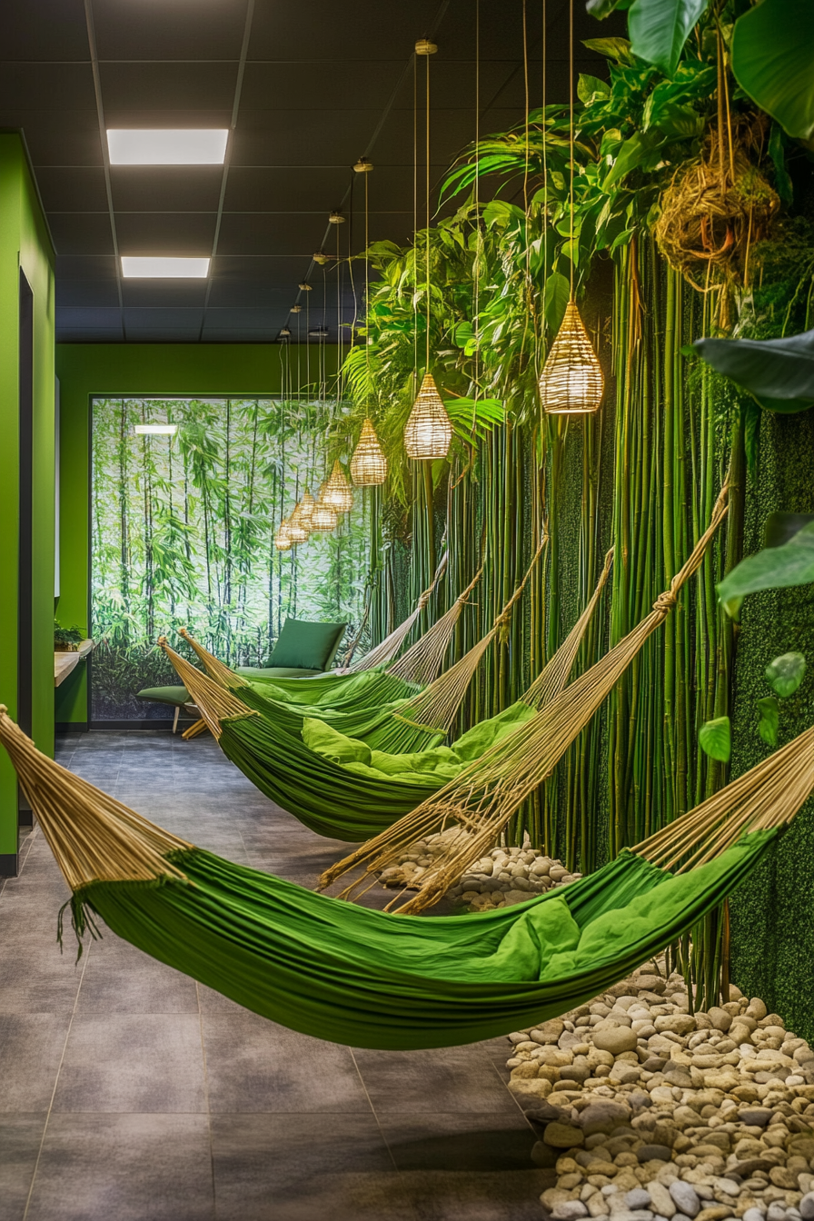 Wellness escape space. Hues of green, lounging hammocks, bamboo desks, complete with zen garden.