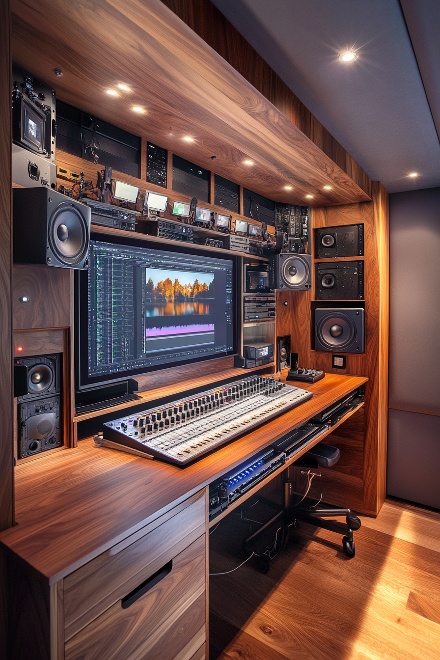 Creative mobile space. Walnut-finish editing bay with organized audio-video equipment storage.