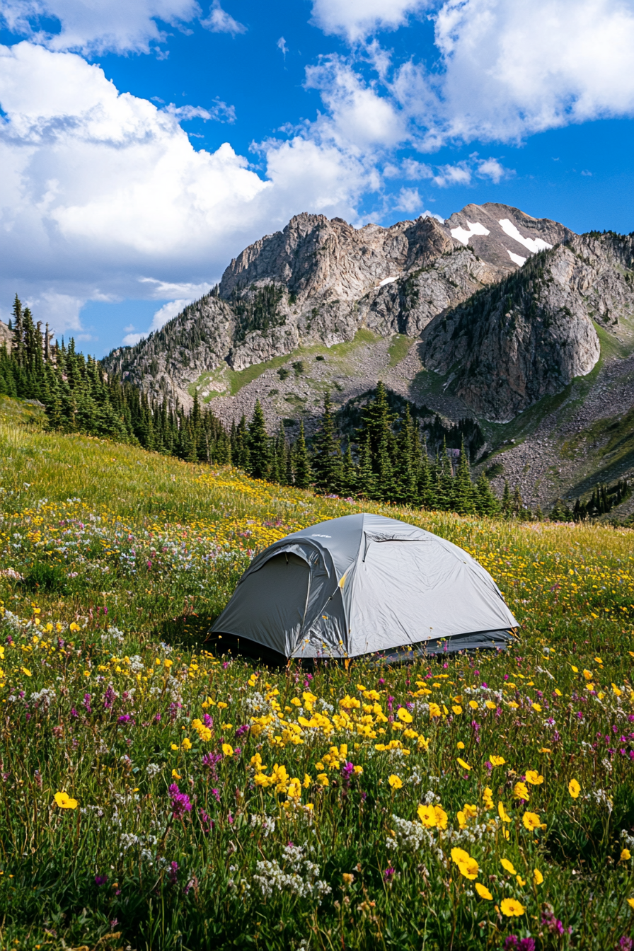 Highland site. Wildflower-encircled, wind-protected tent pad, with unobstructed summit views.