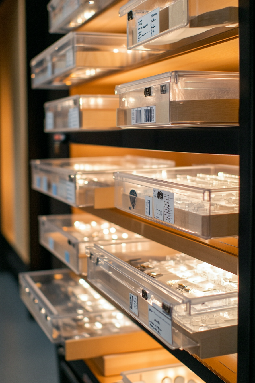 Research Mobile Space. Artifact storage with multiple clear drawers and categorized labels.