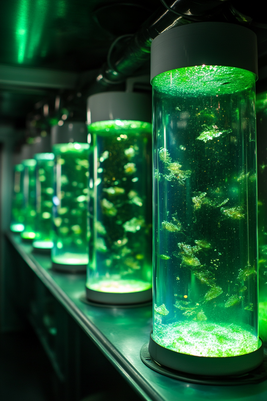 Scientific mobile space. Pale green specimen tanks filled with luminescent multi-colored aquatic life.