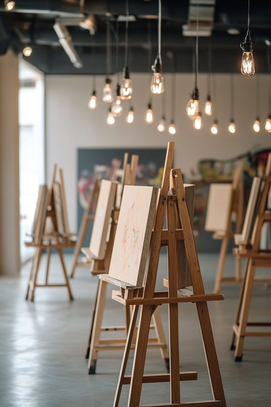 Community space. Large studio pod with wooden artist easels and shining filament bulbs.