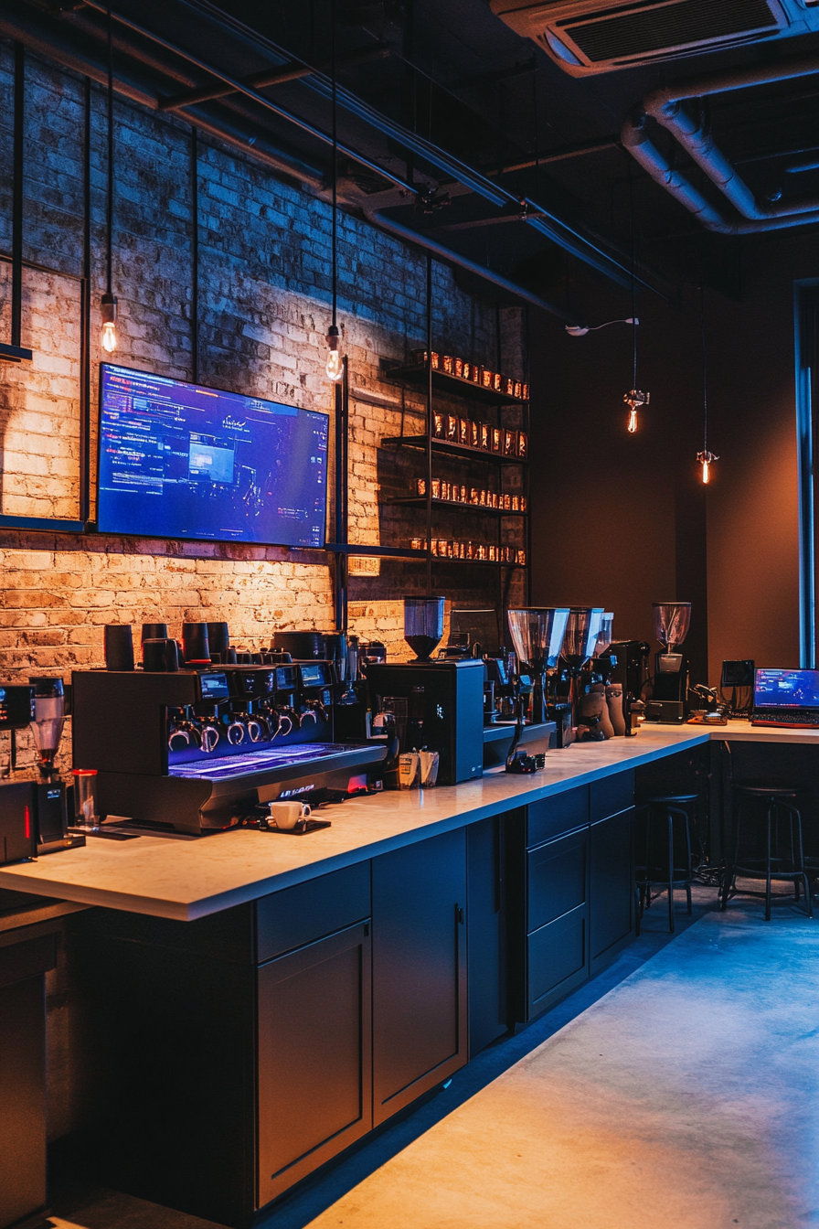 Social gaming space. Multiple espresso machines, LED-lit streaming platform, VR stands, tournament monitors.