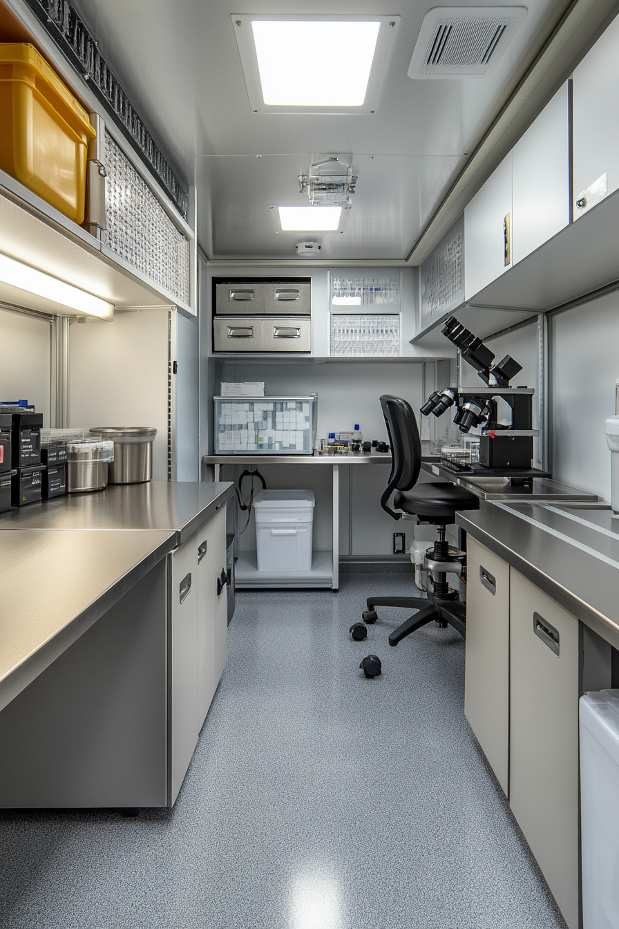 Mobile Research Space. Sophisticated microscope station flanked by stainless steel specimen storage.