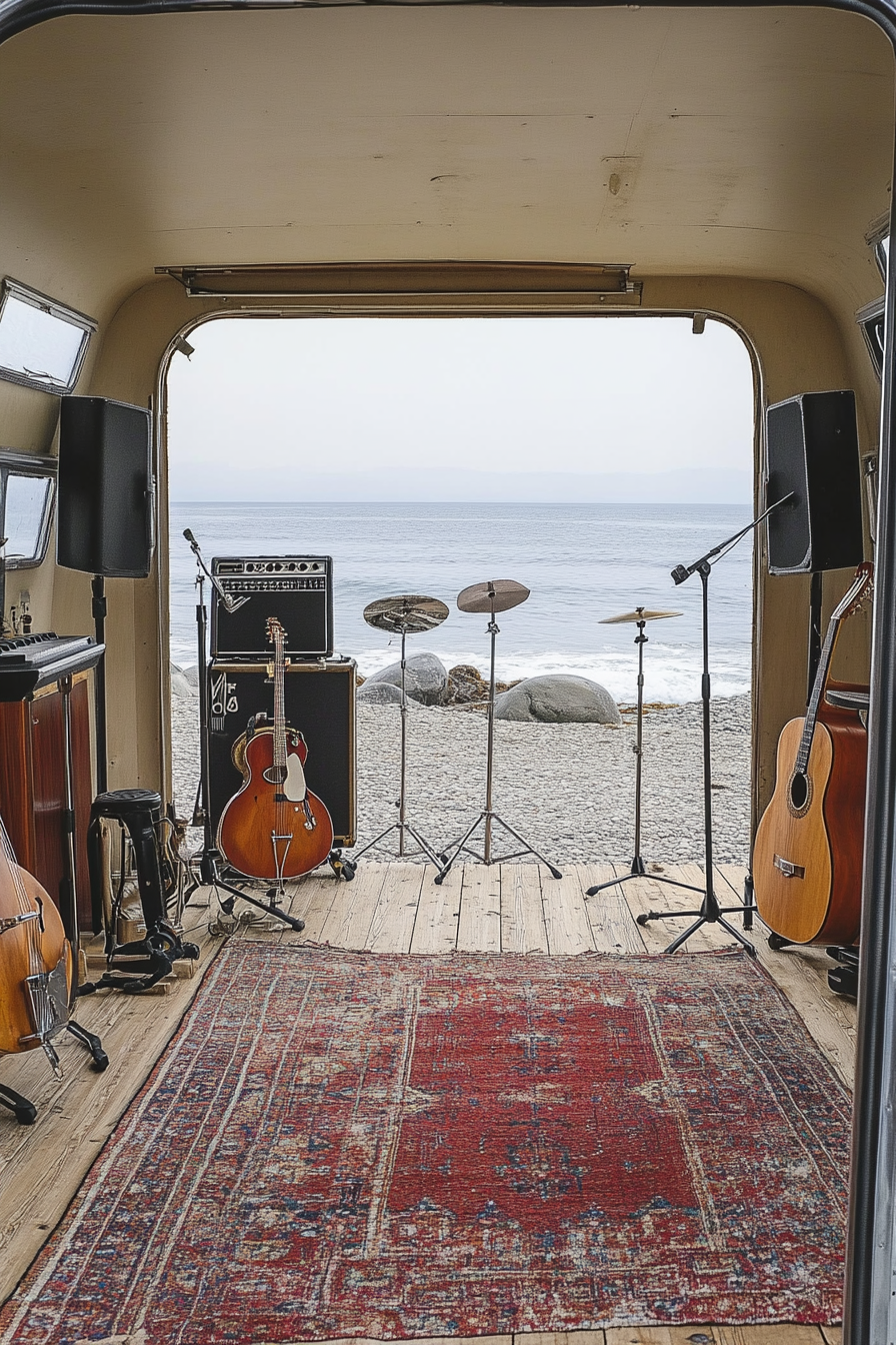 Mobile Studio Space. Vintage trailer with internal instrumental stands, beach-view wooden platform.