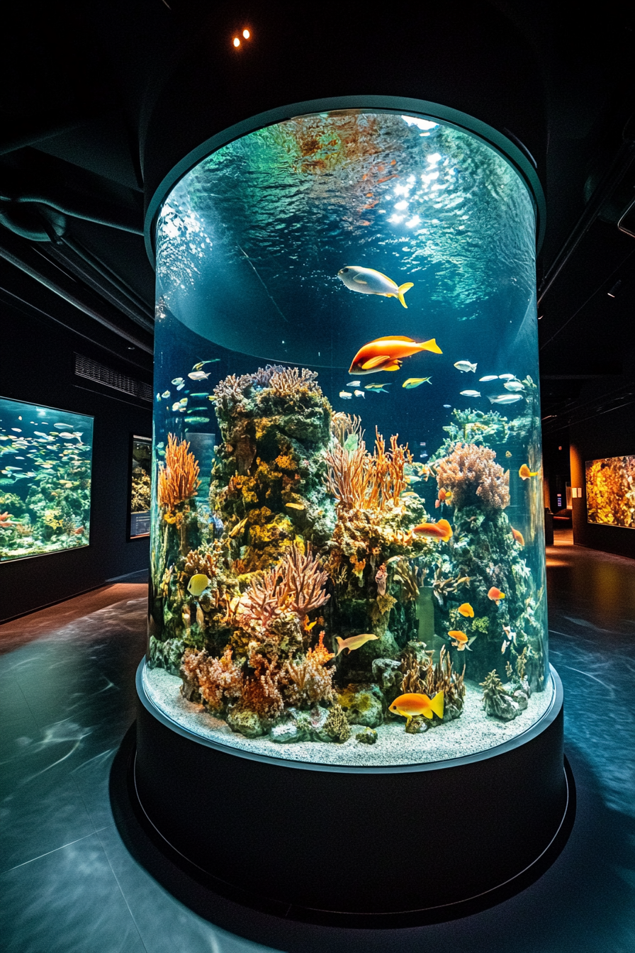 Coastal research space. Floor-to-ceiling observation tanks featuring oceanic life.