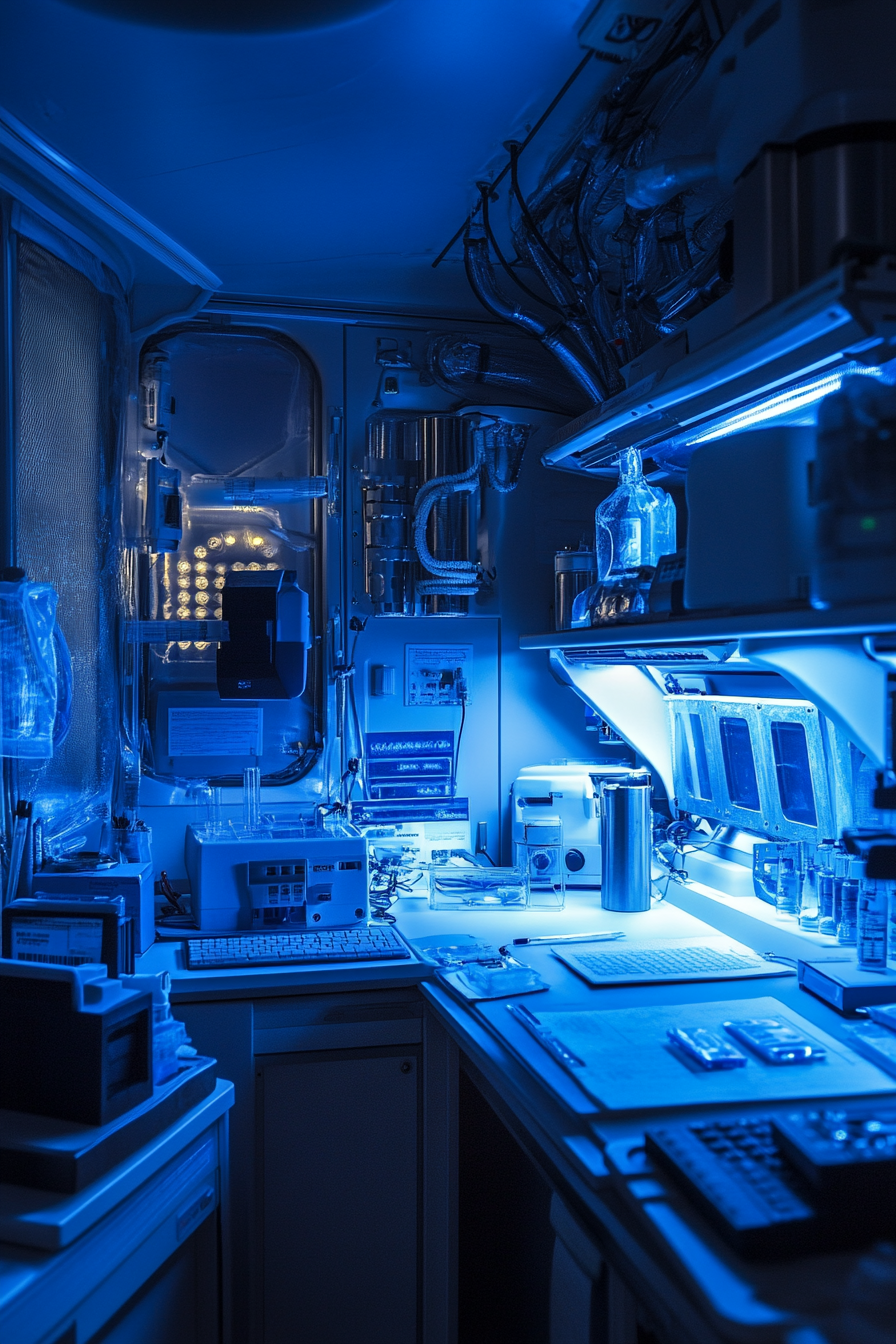 Research mobile space. Cluttered lab setup with high-tech equipment under soft blue lighting.